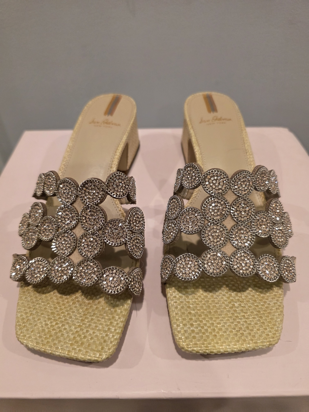 Sam Edelman Cream Wedge Mules with Crystal Circles